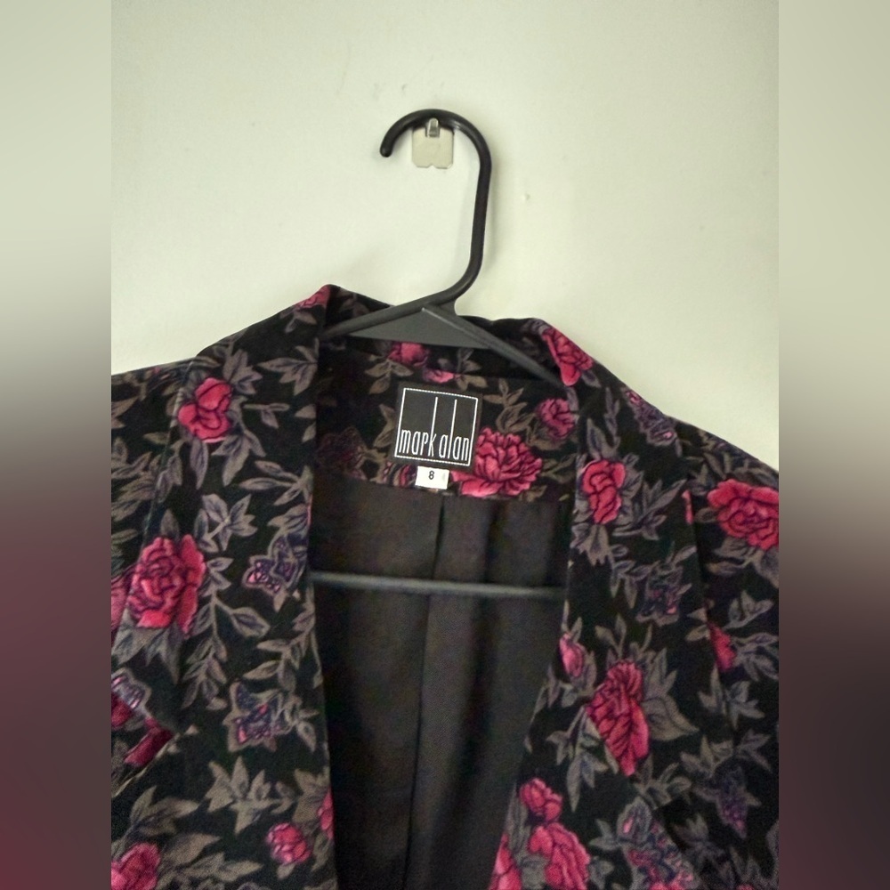 VTG Mark Alan Blazer Jacket Black Gray Pink Floral Size 8 M Lined Pockets Cotton - Picture 4 of 8